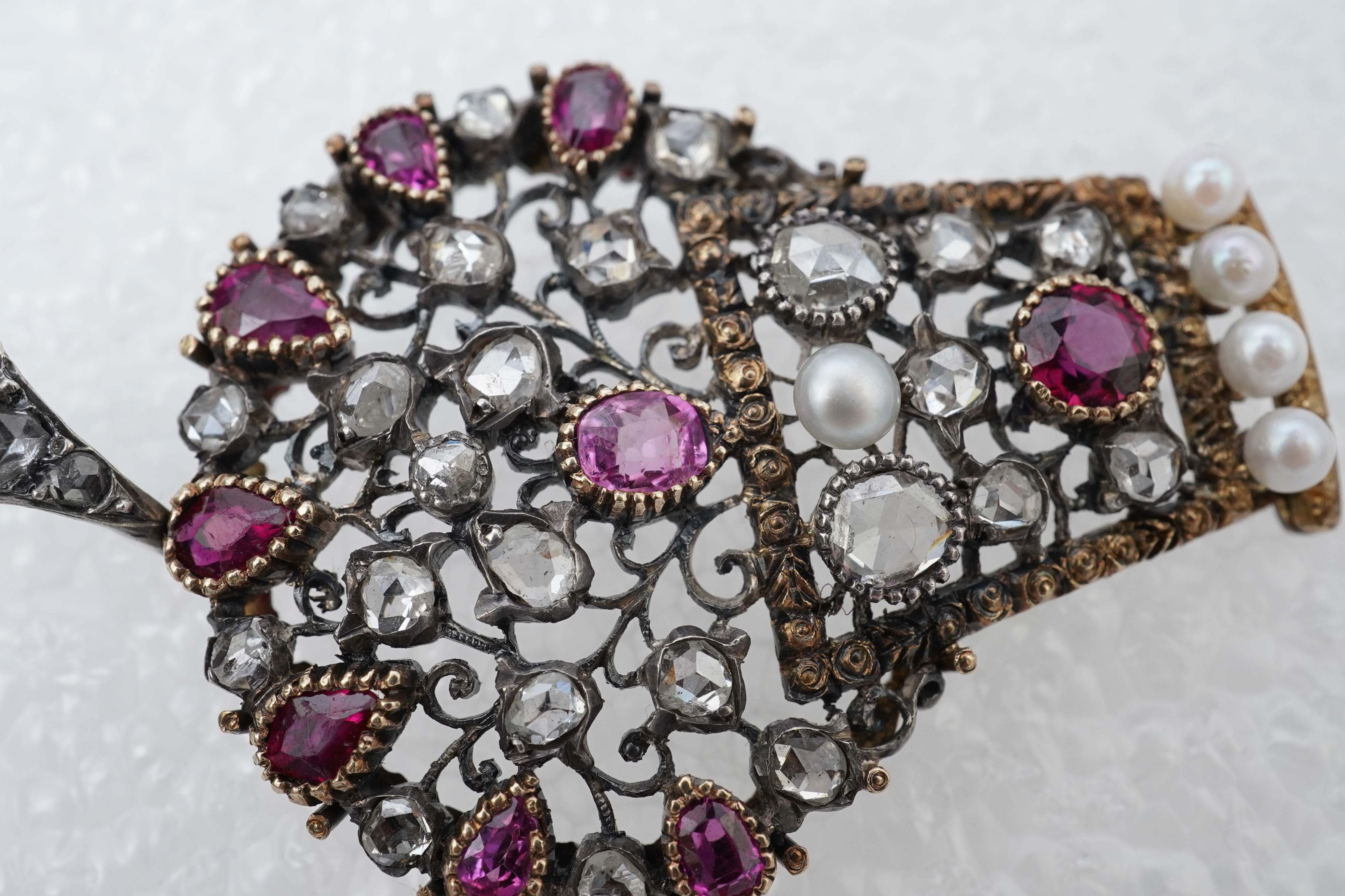 A ruby, pearl and diamond pendant